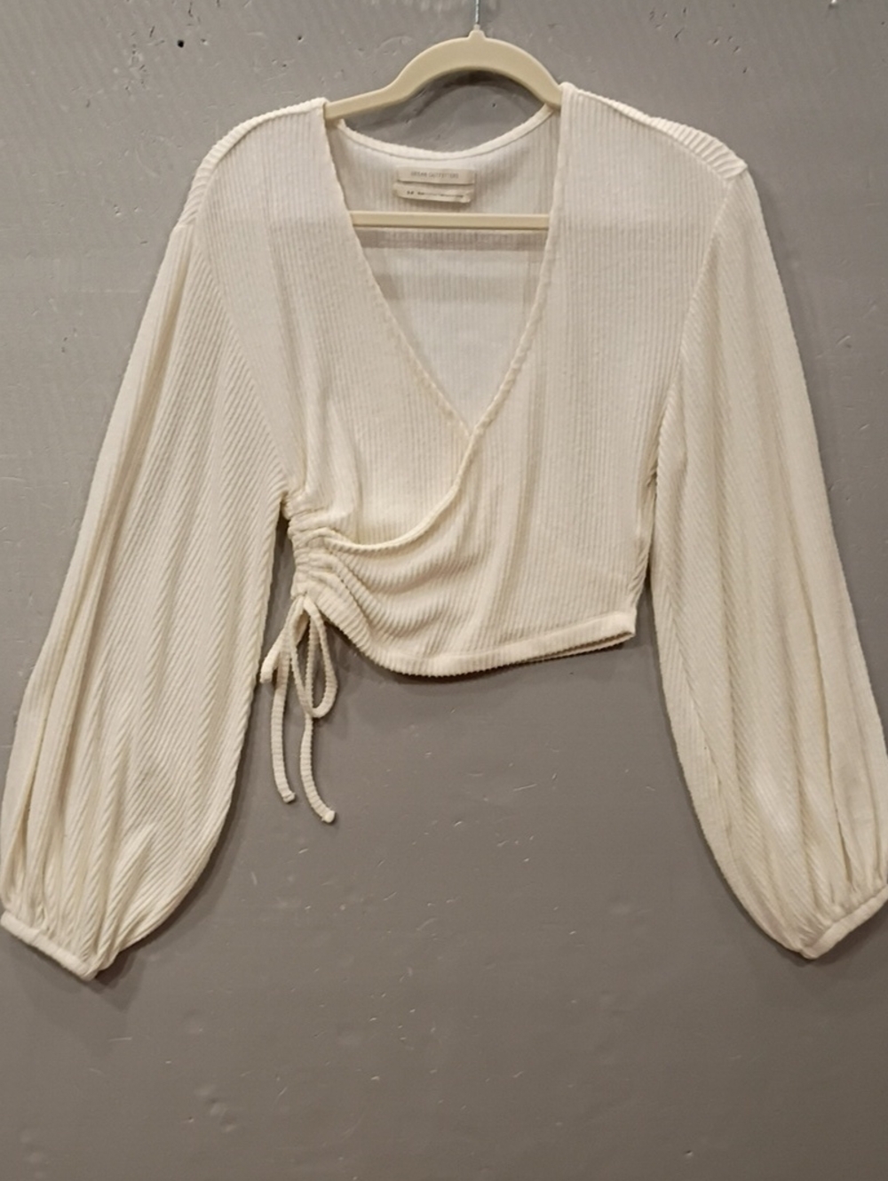 Urban Outfitters Cream Ribbed Wrap Crop Top with Balloon Sleeves Cropped